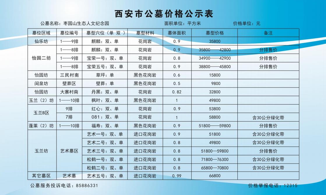 西安枣园山生态人文纪念园公墓价格公示表