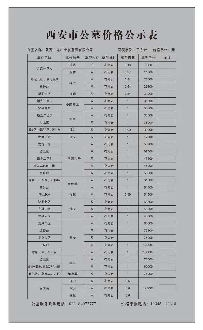 西安墓园价目表（涵盖了2023年西安在售公墓价格公示表）